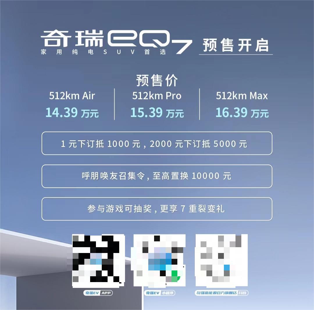 中国首个铝基平台纯电SUV奇瑞eQ7预售开启